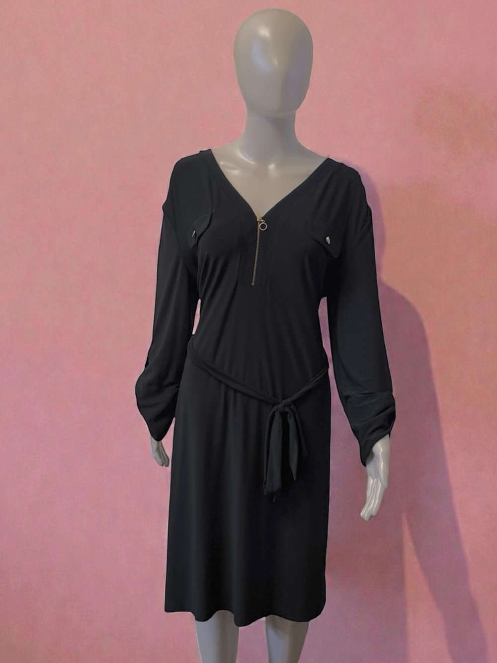 NWT | Emma & Michele Black Long-Sleeve V-Neck Zip Tie-Waist Dress